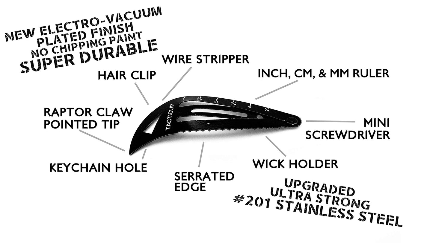 Tactical Hair Clips, 4 Pack - Black - Multitool Snap Barrettes - Laser Engraved, Vacuum Plated, Multi-Functional Keychain Multi Tool - Box Cutter