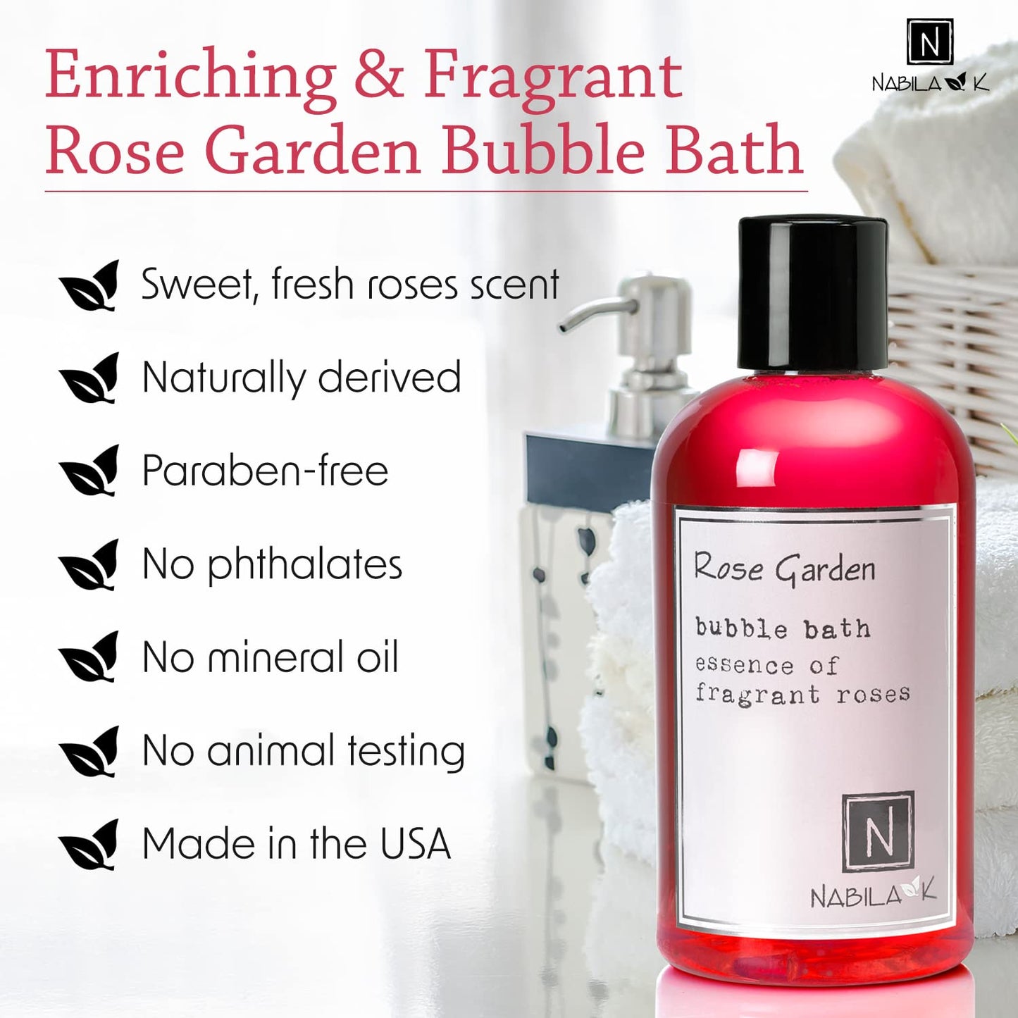Rose Garden Bubble Bath by Nabila K - Essential Oils with Natural Ingredients for Sensitive Skin, Tear-Free, Gentle, Moisturizing - Luxury for Women
