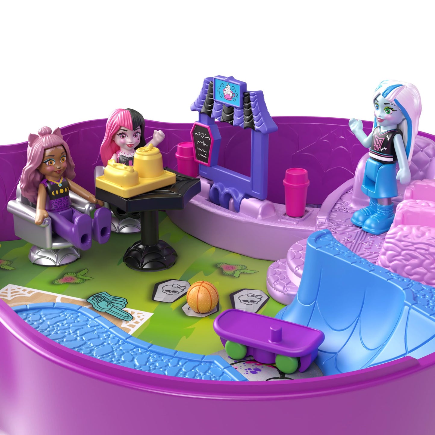 Polly Pocket Monster High Playset with 3 Micro Dolls & 10 Accessories, Opens to High School, Collectible Travel Toy with Storage