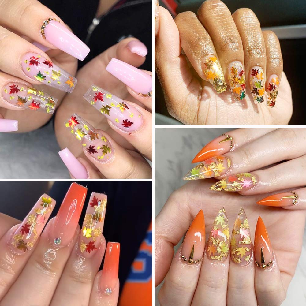 12 Colors Fall Leaf Glitter Nail Sequins - 3D Maple Leaf Holographic Nail Art Flakes Colorful Confetti Glitter Sticker Decals Manicure Nail Art Design