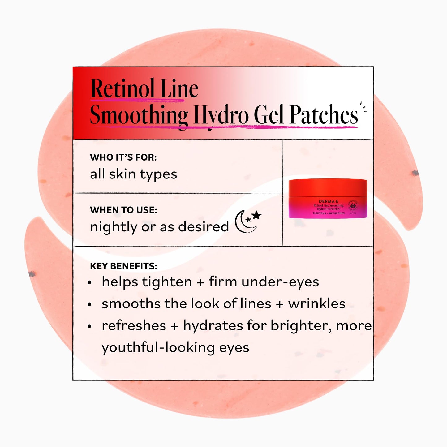 Derma E Retinol + Bakuchiol Under Eye Patches (30 Pairs) Non-Irritating, Line Smoothing Hydro Gel Eye Patches with Rose Water & Real Hibiscus Petals