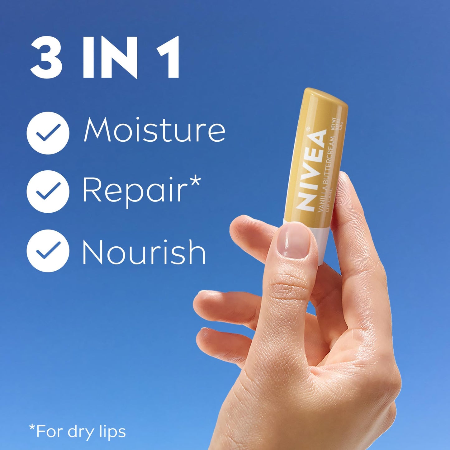 NIVEA Vanilla Buttercream Lip Care, Moisturizing Lip Balm with Shea Butter, Nourishing Oils and Vitamin C & E, 3-in-1 Moisture, Repair and Nourish