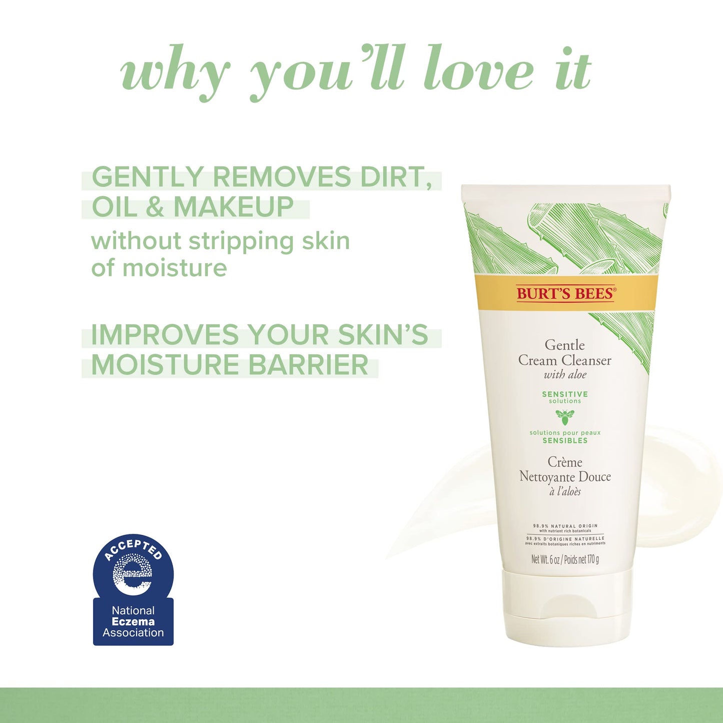 Burt's Bees Gentle Cream Cleanser with Aloe for Sensitive Skin, 98.9% Natural Origin, 6 Ounces
