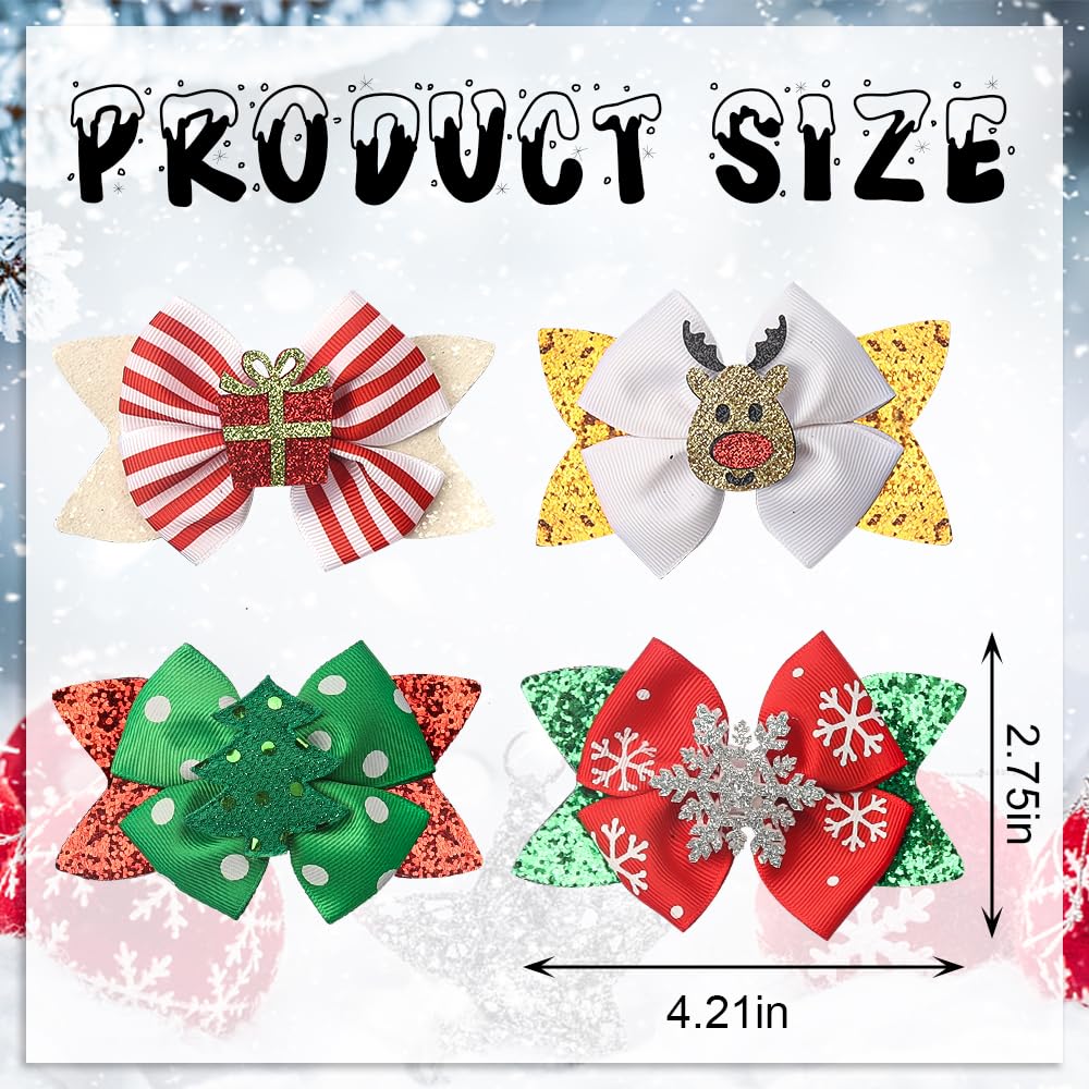 ALIBBON 8 Pcs Christmas Hair Bows for Girls, Glittering Christmas Tree Snowflake Hair Clips for Woman, Reindeer Hairpins for Kids, Christmas Hair