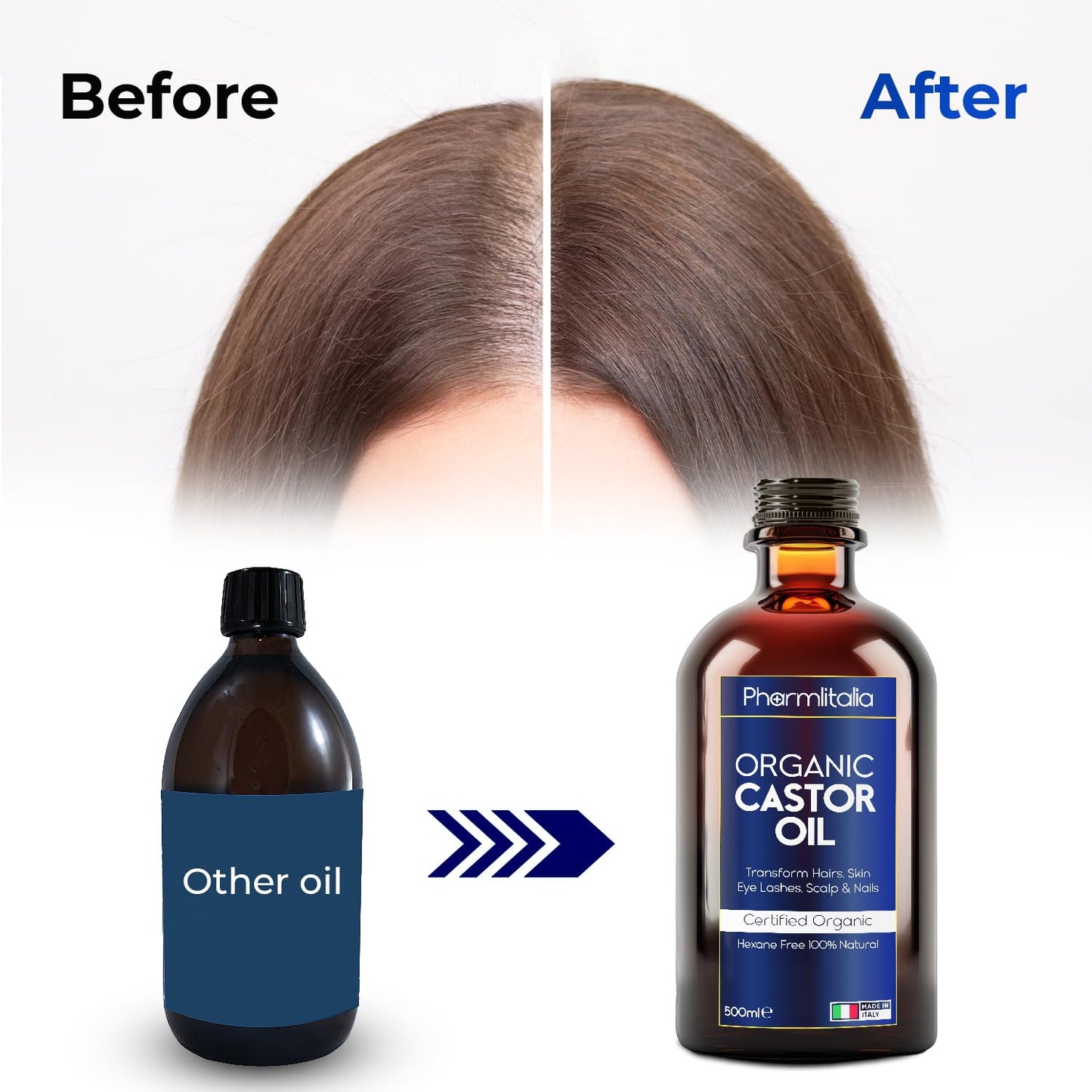 Pharmlitalia Caster Oil Organic Cold Pressed Unrefined Glass Bottle - Organic Golden Castor Oil for Face, Scalp, Eyelashes, Skin Care and Nails