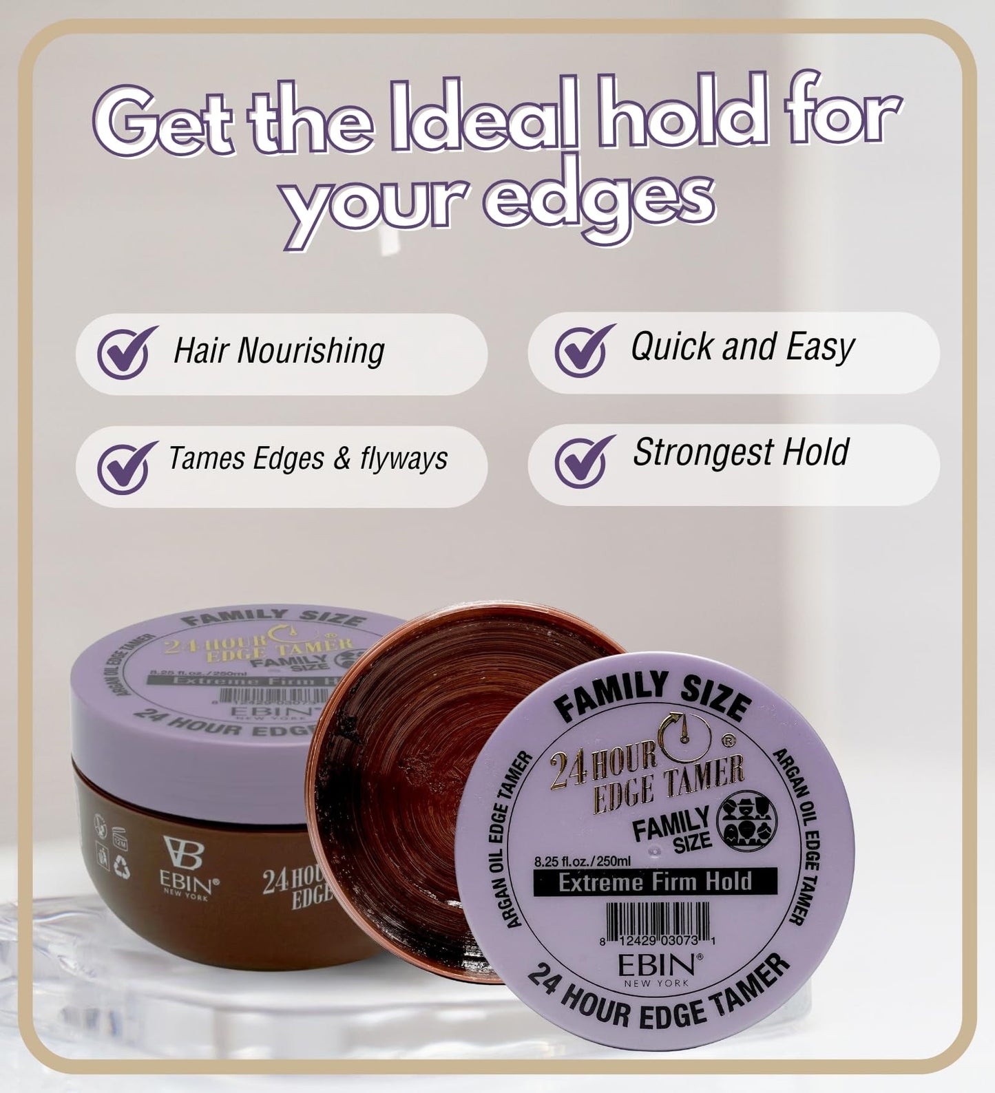 EBIN NEW YORK 24 Hour Edge Tamer - Extreme Firm Hold (8.25oz/ 250ml) - No Flaking, White Residue, Shine and Smooth texture with Argan Oil and Castor