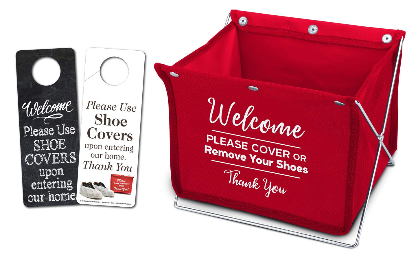 Mediz Foldable Shoe Cover Holder (Red) with Bonus: 1 Door Hanger Double Sided - Please Use Shoe Covers