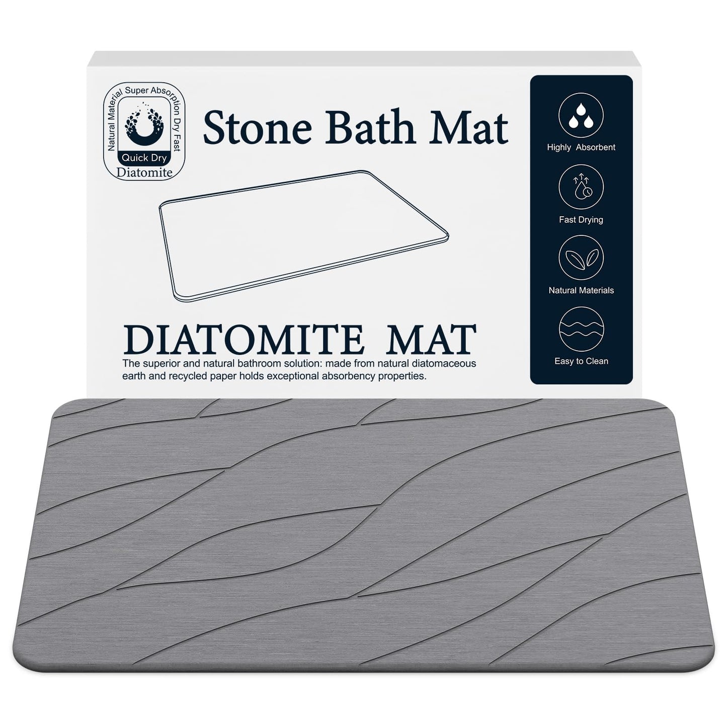 Stone Bath Mat for Bathroom, Diatomaceous Bathroom Mats Non Slip Stone, Quick Dry Diatomaceous Earth Bath Mat Super Absorbent (Dark Grey)