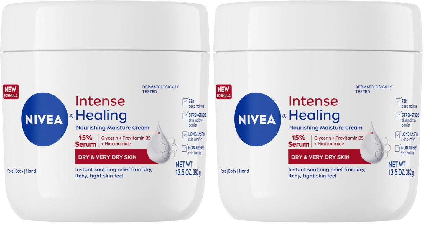 Nivea Intense Healing Body Cream for Dry Skin with Glycerin, Provitamin B5 & Niacinamide, 72-Hour Moisture, Non-Greasy, 13.5 oz Jar (Pack of 2) Beauty and Personal Care NIVEA Default Title