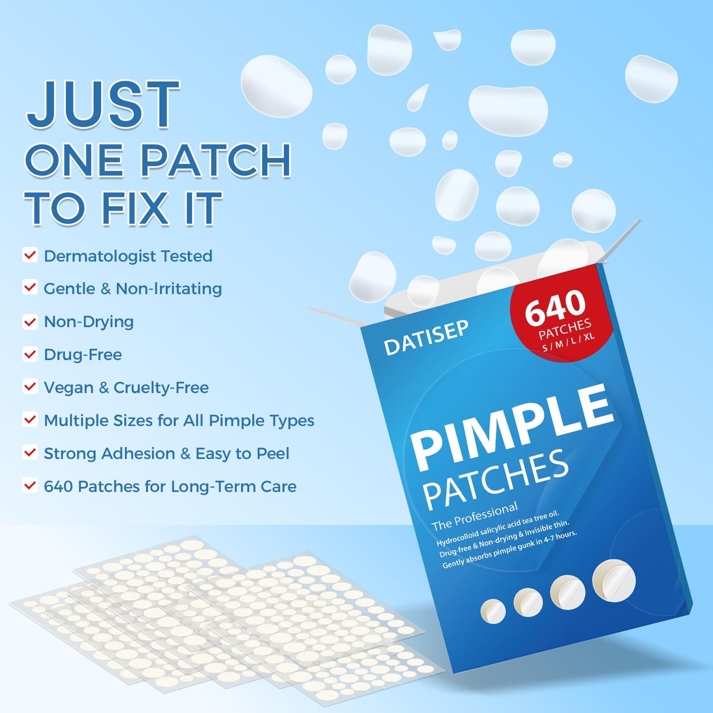 DATISEP Pimple Patches for Face, 640 Count Hydrocolloid Patch Acne Patches,4 Sizes Zit Patches for Covering, Blemishes and Breakouts, Dots Stickers Beauty and Personal Care DATISEP