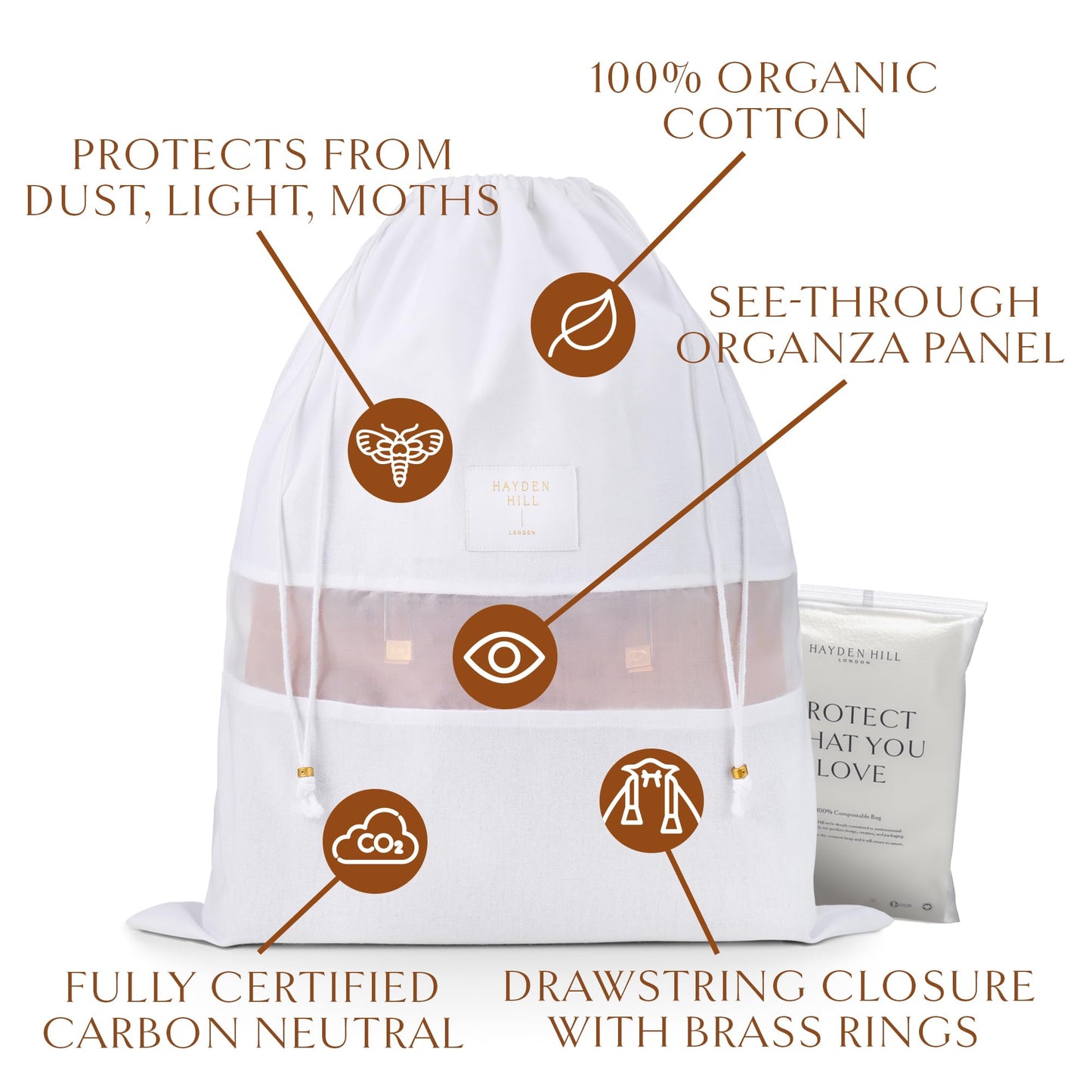 Hayden Hill Luxury Organic Cotton Dust Bags for Handbags – 3 Large 23" Bags for Purses, Shoes & Storage, Carbon Neutral