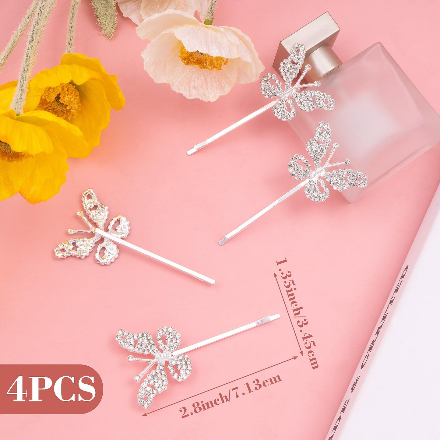 HINZIC 4 Pack Non-Slip Butterfly Hair Clips, Glittering Rhinestone Headwear Styling Bobby Pins, Sparkling Diamond Hairgrip Barrettes Accessories