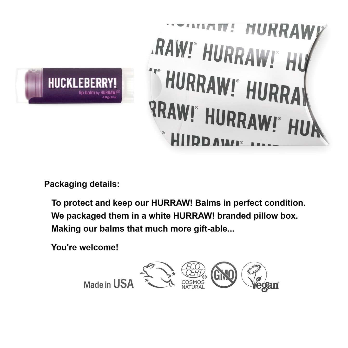 Hurraw! Huckleberry Lip Balm: Organic, Certified Vegan, Cruelty and Gluten Free. Non-GMO, 100% Natural Ingredients. Bee, Shea, Soy and Palm Free. Made