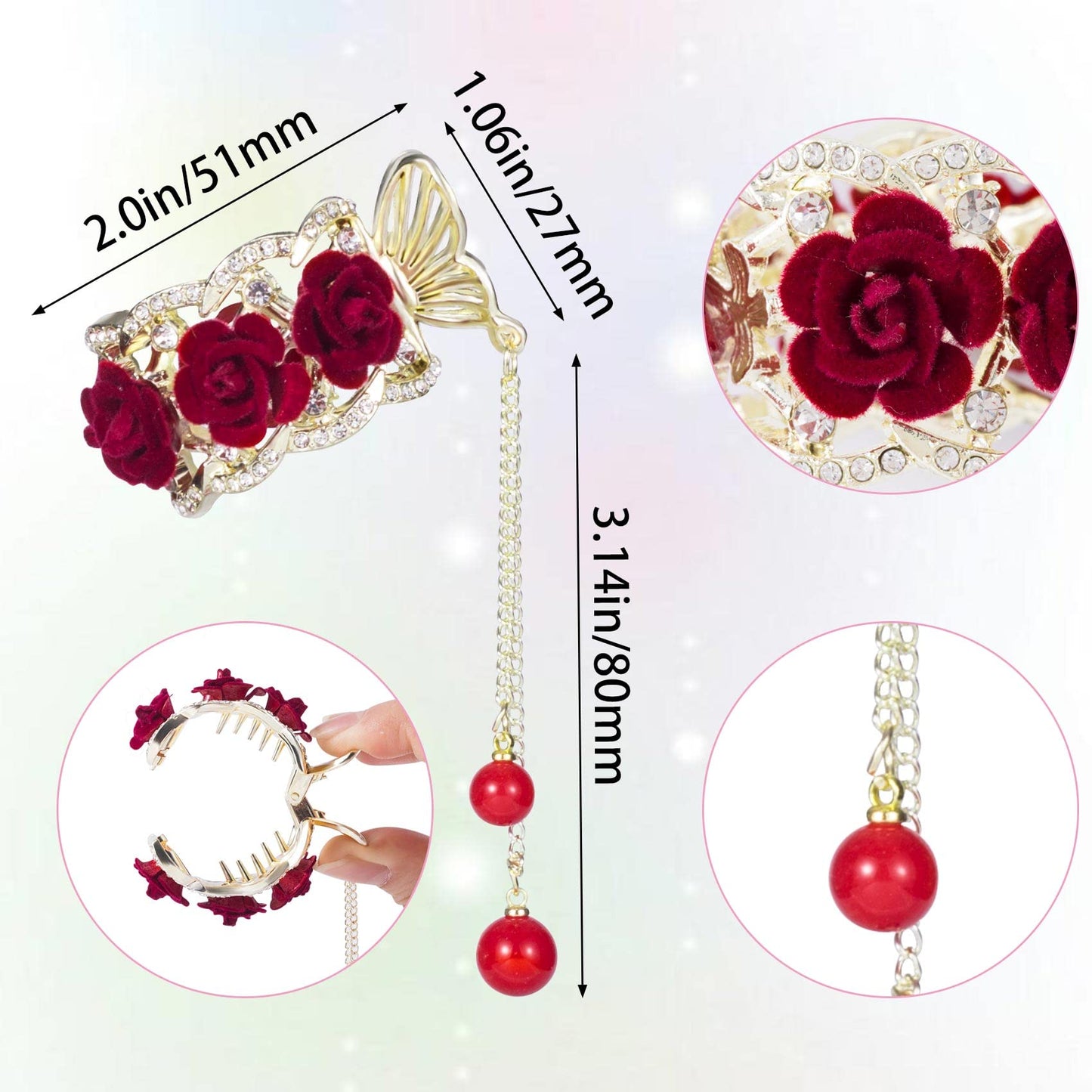 HINZIC 2pcs High Ponytail Hair Claw Clips, 2inch Rose Crystal Rhinestone Hair Clips Vintage Barrettes Cuff Chinese Hair Accessories for Thick Long