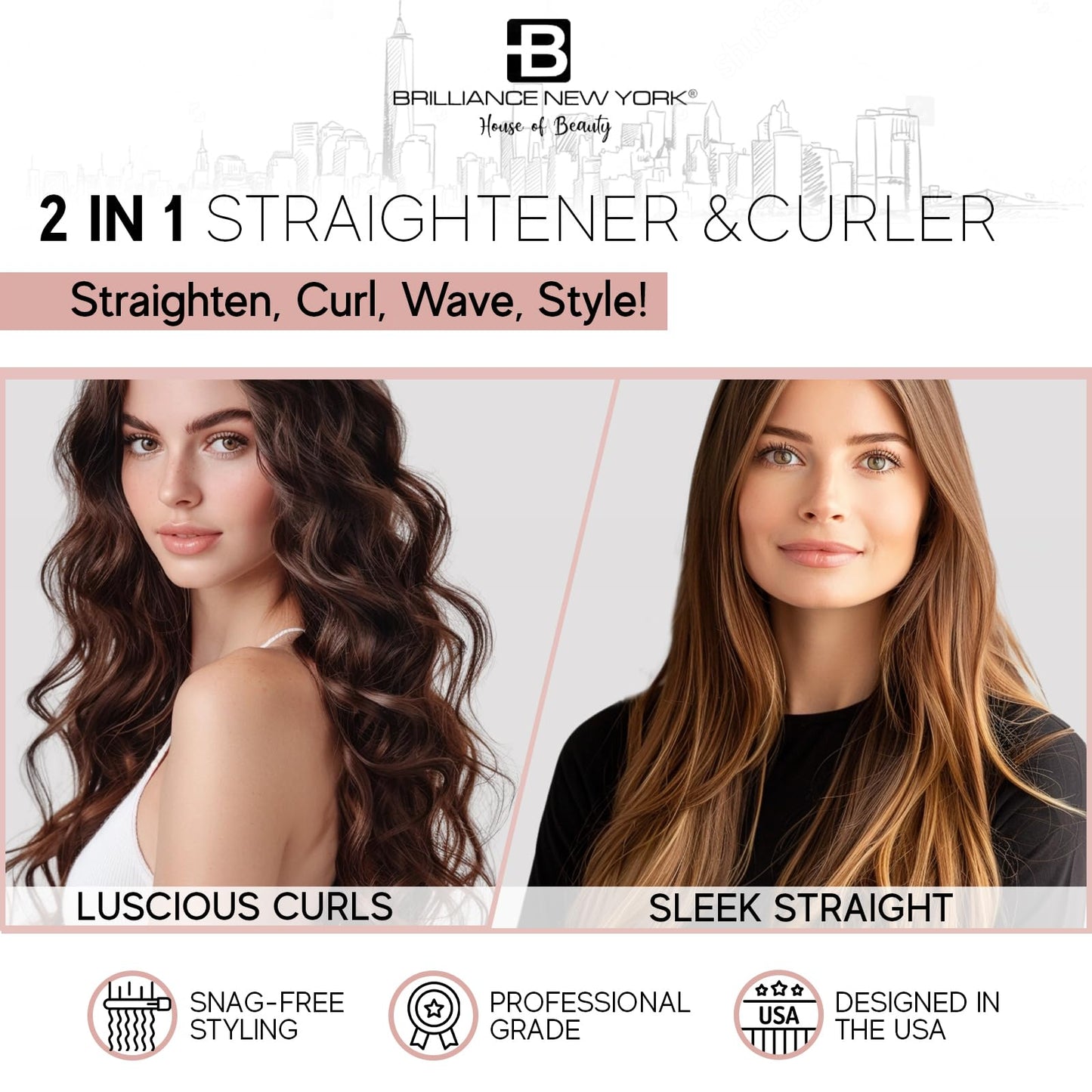 Brilliance New York - 1 Inch Diamond Titanium Flat Iron - 2 in 1 Hair Straightener and Curler - Anti-Static, Frizz-Free Ionic Plates - Auto Shut-Off