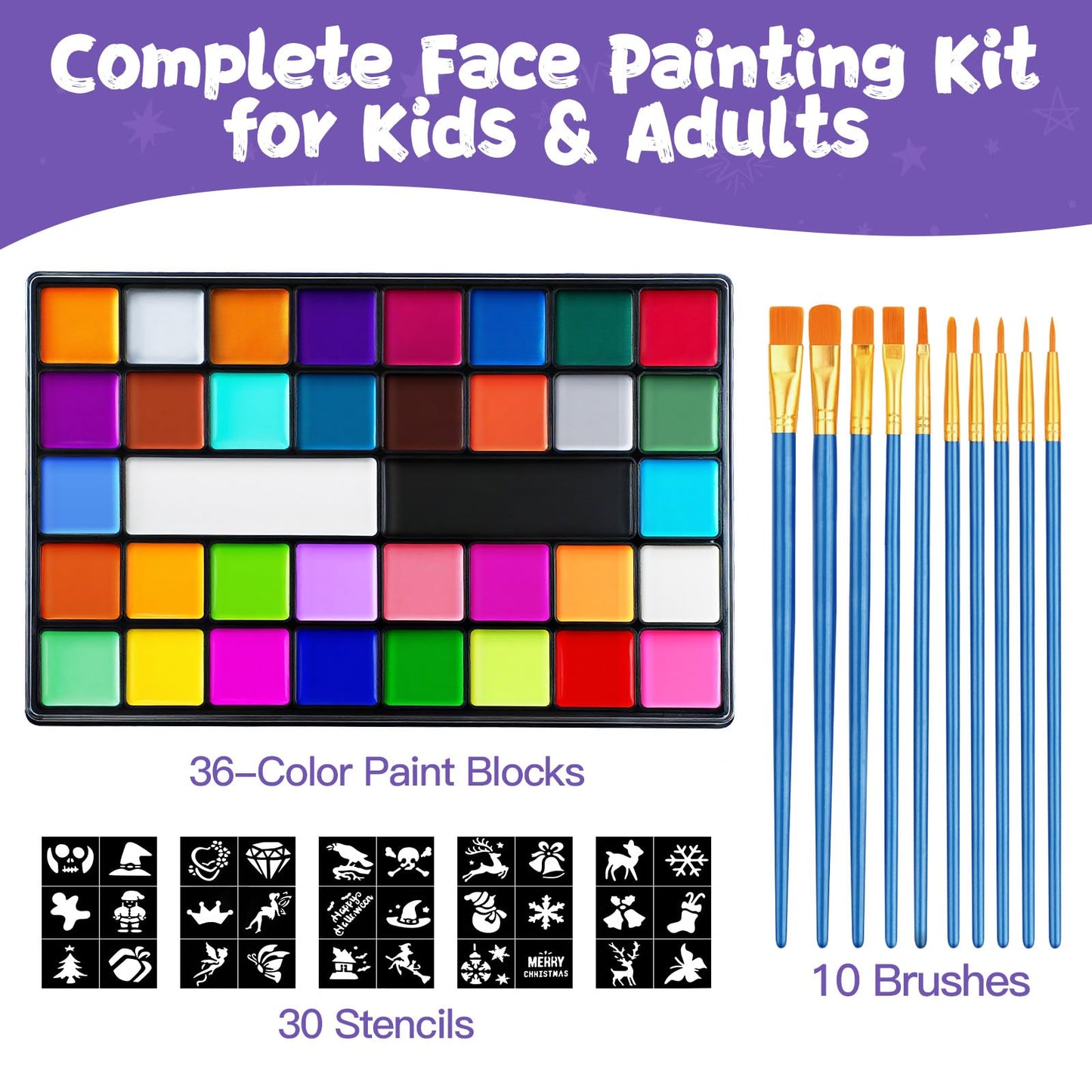 Face Painting Kit for Kids, 36 Colors Water Activated Face Paint with Brushes & Stencils, Non-Toxic Halloween Makeup Kit, Professional Face Body Paint