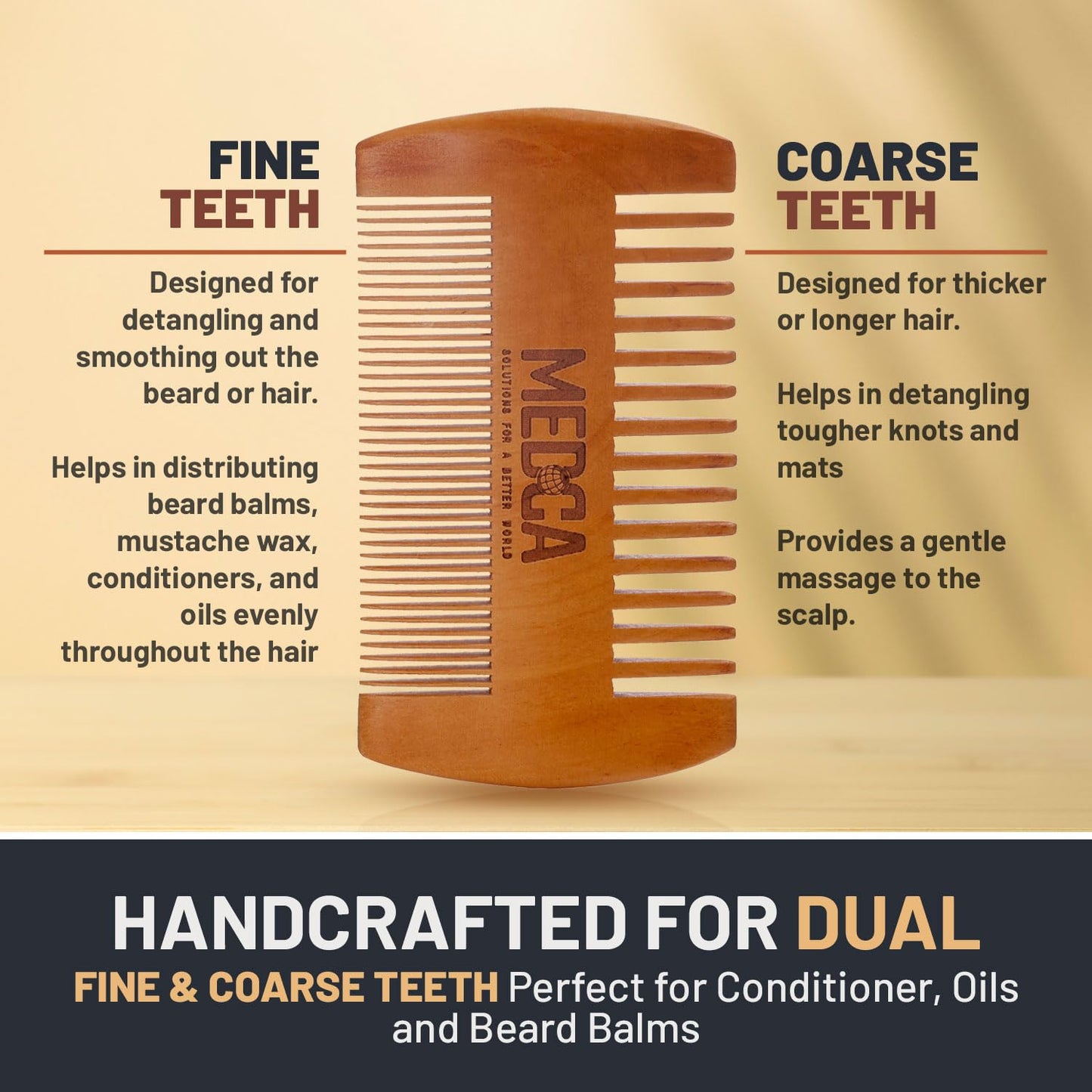 Wooden Beard Comb With Leather Case - Handcrafted Solid Beechwood Beard, Mustache and Head Hair Pocket Combs for Men Dual Action Fine & Coarse Teeth