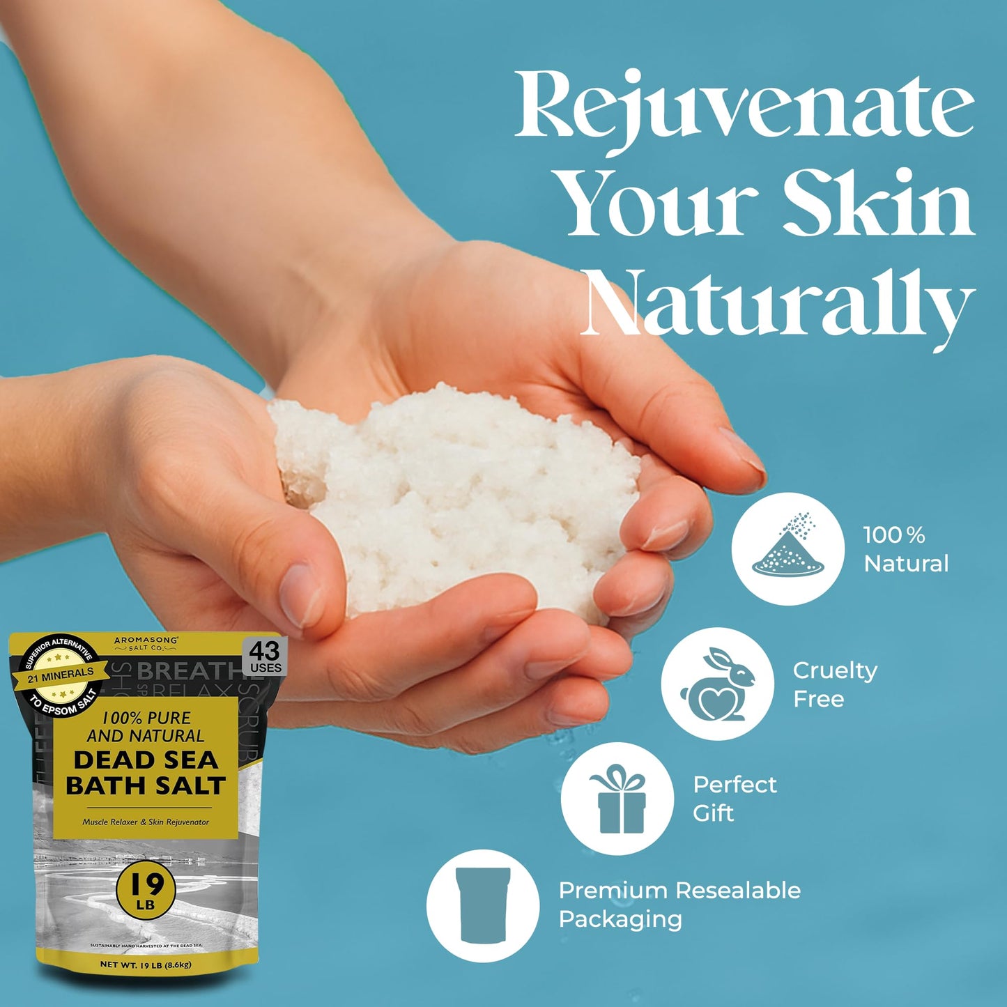 Aromasong Dead Sea Bath Salt - 100% Pure & Natural Dead Sea Salts for Soaking Coarse Grain 19 LB - Bulk Resealable Pack (Packaging May Vary) Used