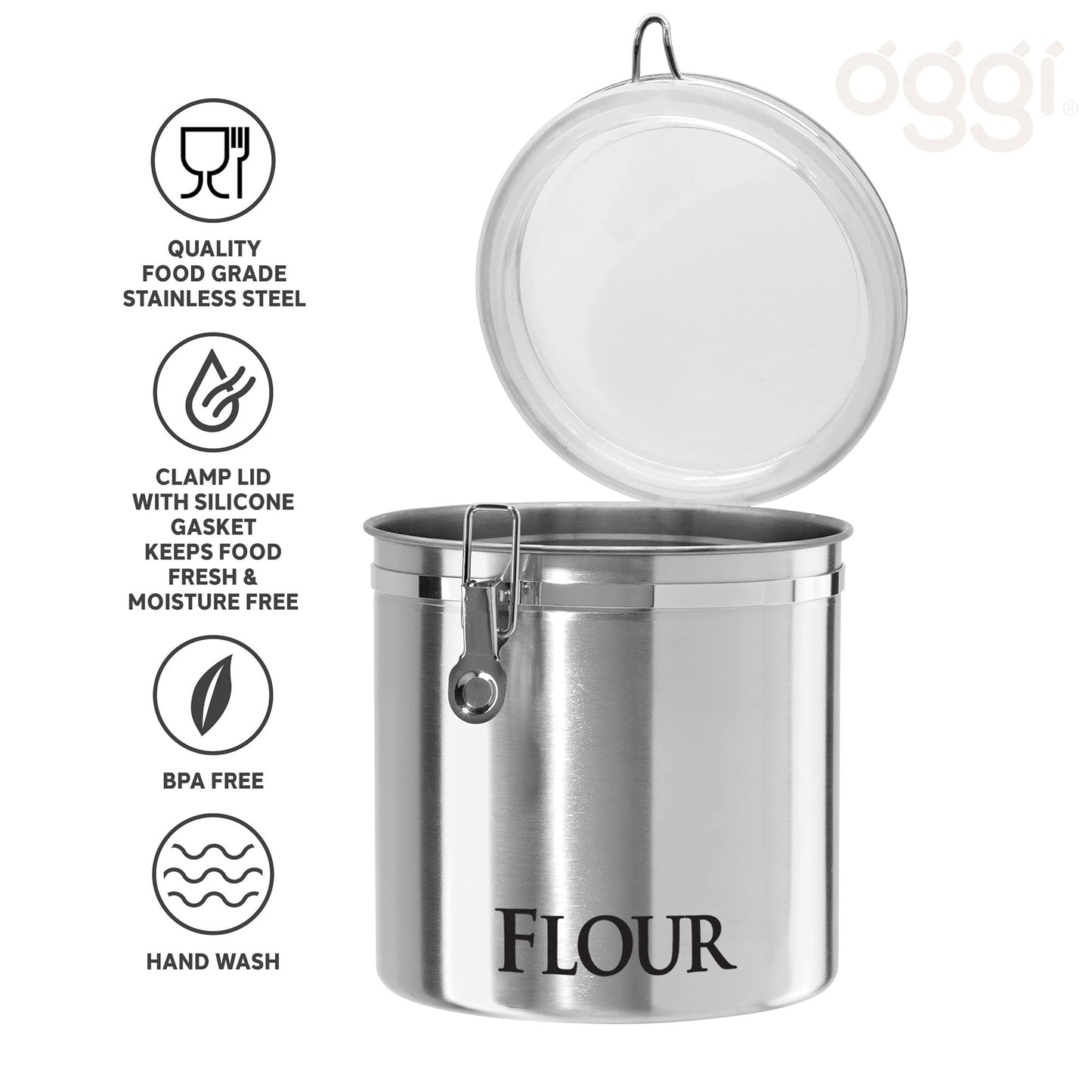 Oggi Jumbo 8" Stainless Steel Flour Clamp Canister - Airtight Food Storage Container Ideal for Kitchen & Pantry Storage of Flour or other Bulk, Dry…