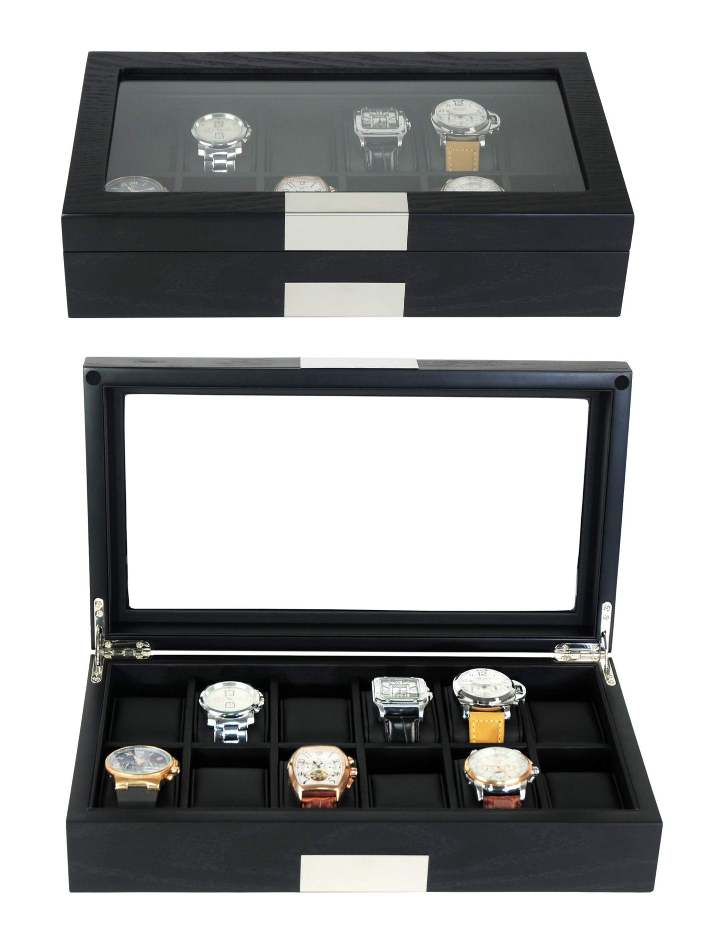 TIMELYBUYS 12 Ebony Wood Watch Box Display Case Storage Jewelry Organizer with Glass Top, Stainless Steel Accents, and Oversized Black Pillows