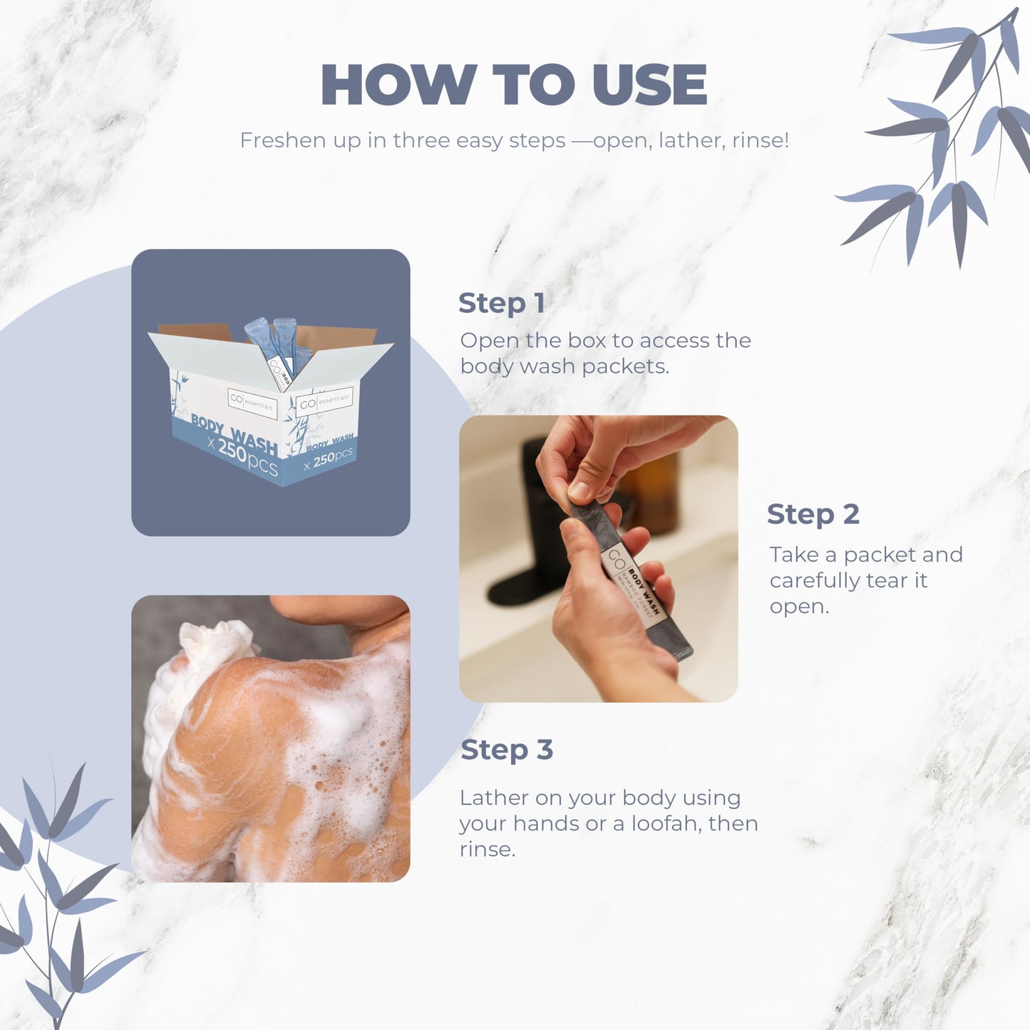 GO Essentials Travel Size Single Use Body Wash Packets - TSA Friendly, Bulk Supplies for Airbnb Essentials, Shelters & Hotels (250 Packets)