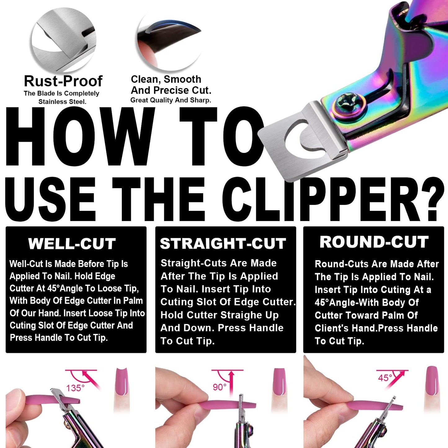 Chameleon Premium Adjustable Nail Clippers for Acrylic Nails, Stainless Steel Cutter Trimmer for Artificial Fake False Tips Manicure Sharp Blade Clip