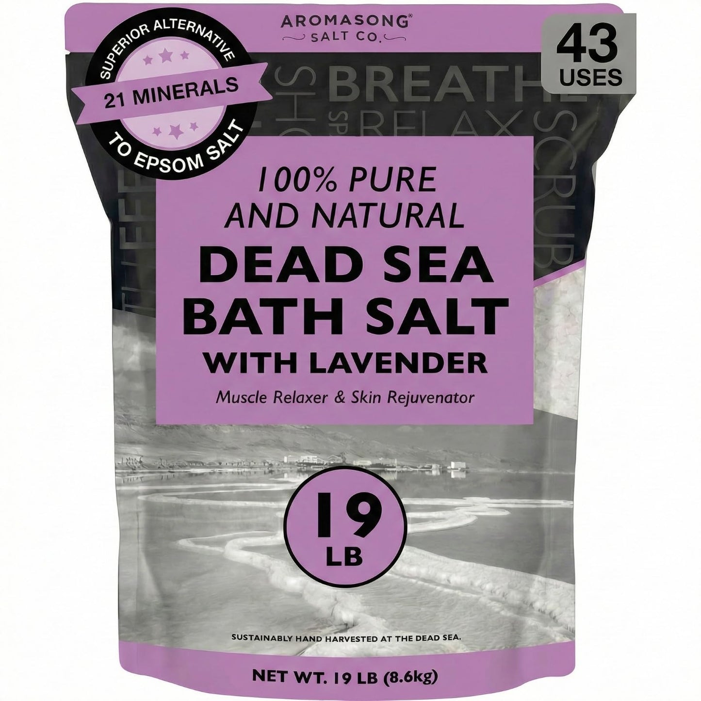 Aromasong Pure Dead Sea Salt for Soaking with 100% Natural Lavender, 19 LB - Spa Bath Salt Fine Grain - Body Wash Scrub - Soak for Women & Men- Bulk