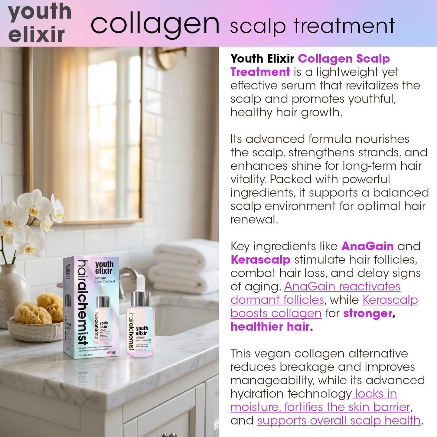 Hair Alchemist Youth Elixir Collagen Scalp Treatment 1.65 oz. for Youthfully Healthy Hair Growth, Texture and Shine, Lightweight Scalp Revitalizing