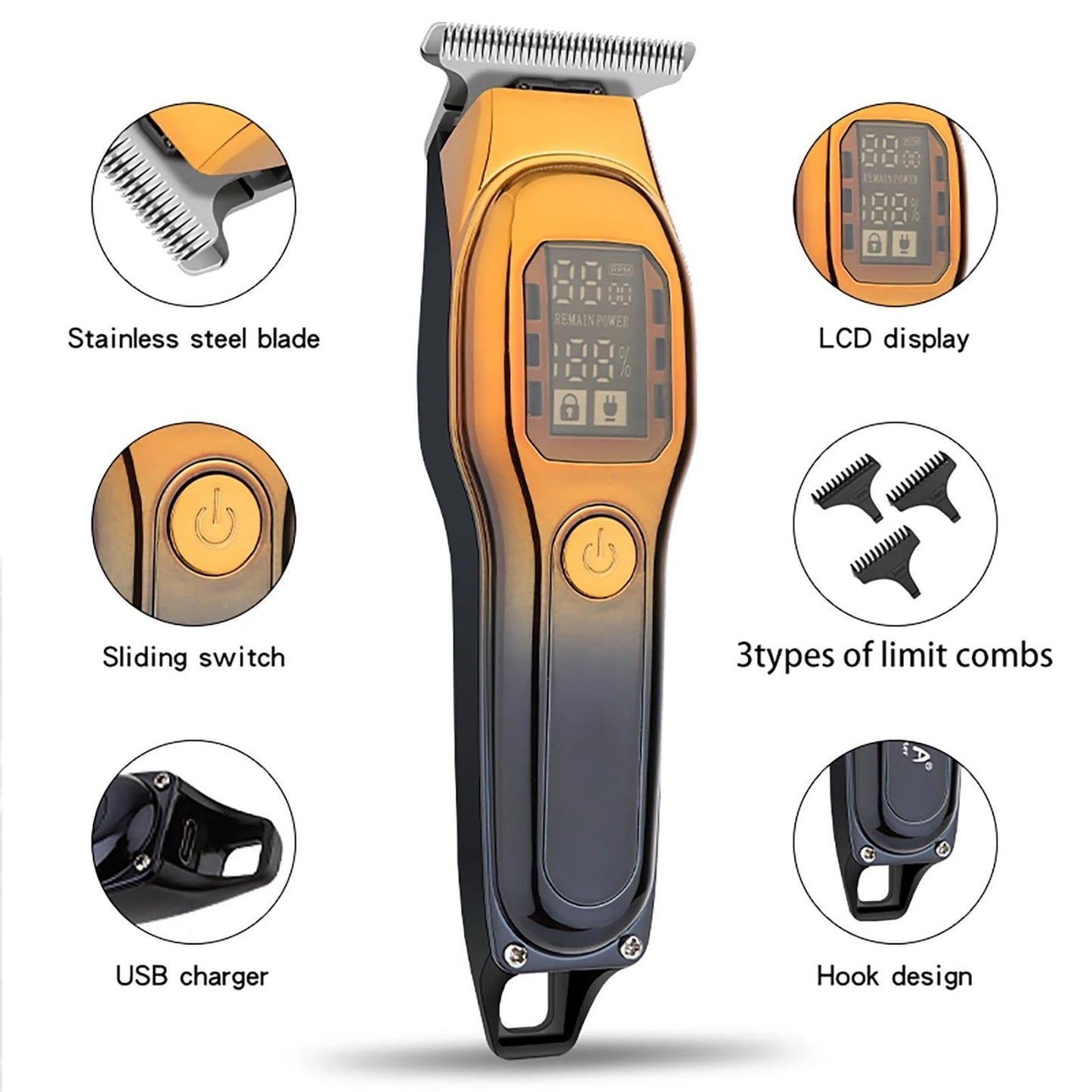 QDKVTNDJZ Hair Clippers for Men, Professional Barber Clippers Rechargeable Precision Steel Blade Hair Trimmer(Black Gold) Beauty and Personal Care QDKVTNDJZ