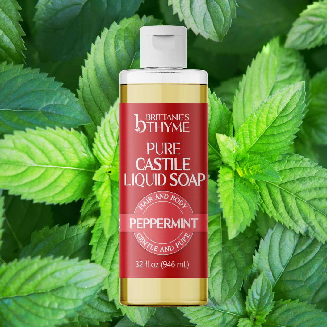 Brittanie’s Pure Castile Liquid Soap Refill, Peppermint, 32 Ounce | Dish Soap, Hair & Body, Home, Gentle and Pure, Made with Natural Luxurious Oils