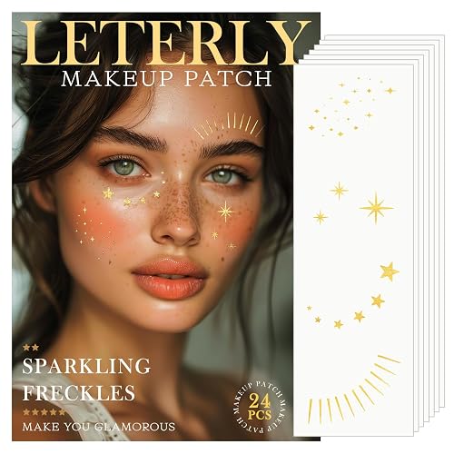 Leterly 24 Pcs Glitter Freckles Face Tattoo,Gold Face Glitter Makeup Patches Cute Sparkle Freckles Patches Waterproof Makeup Speckles for Face