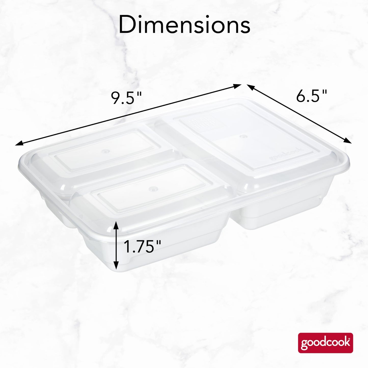 GoodCook Meal Prep Rectangle Three Compartment 20-Piece, White, Made without BPA