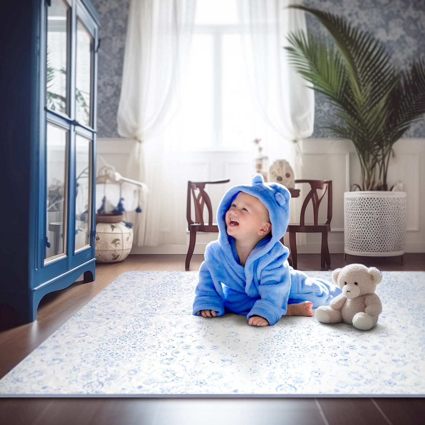 Extra Large Baby Play Mat - 4FT x 6FT Non-Toxic Foam Puzzle Floor Mat for Kids & Toddlers (Persia Handmade Pattern, Blue and White)