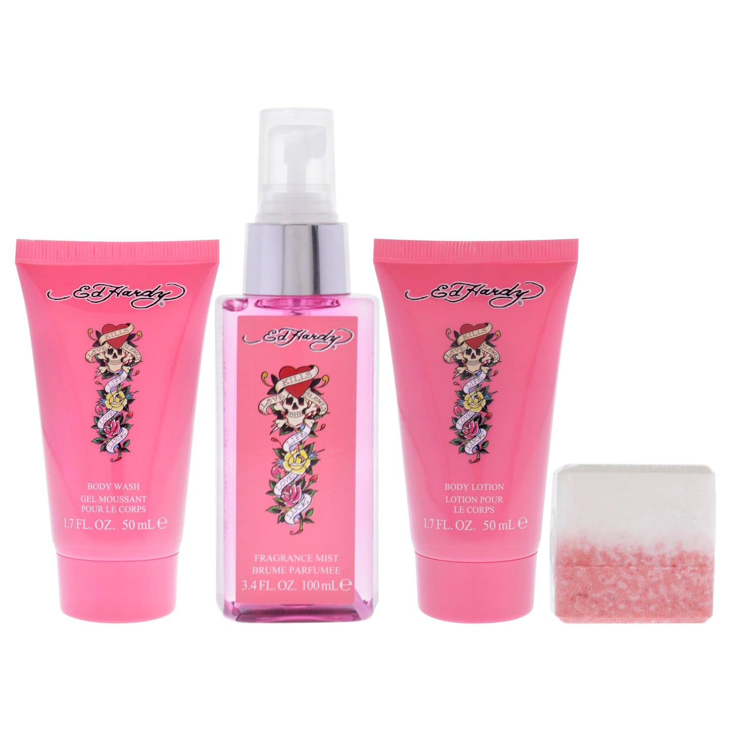 Ed Hardy 4 Pieces Gift Set for Women, (3.4 Ounce Body Mist + 1.7 Ounce Body Lotion + 1.7 Ounce Body Wash + 2.65 Ounce Shower Steamer)