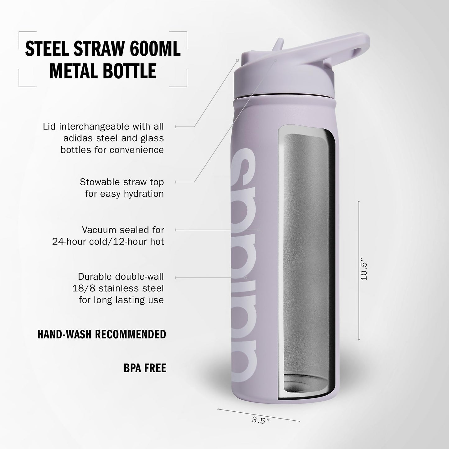 adidas 600 ML (20 oz) Straw Top Metal Water Bottle, Hot/Cold Double-Walled Insulated 18/8 Stainless Steel