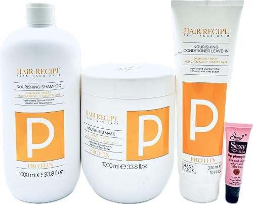 Maxy Look Protein Nourishing Shampoo 1000ml, Mask 1000ml & Leave in Conditioner 300ml for Damaged, Frizzy & Chemically Treated Hair - Free Starry Lip