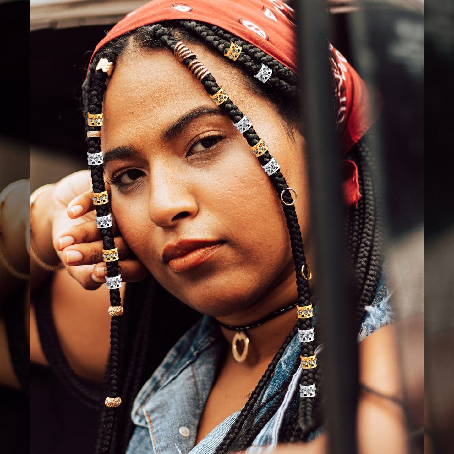 50pcs Rhinestone Dreadlocks Beads Alloy Hair Ring Decoration Braiding Hair Braid Cuff Clip Beard Hollow Heart Tube Beads Accessories for Women Men