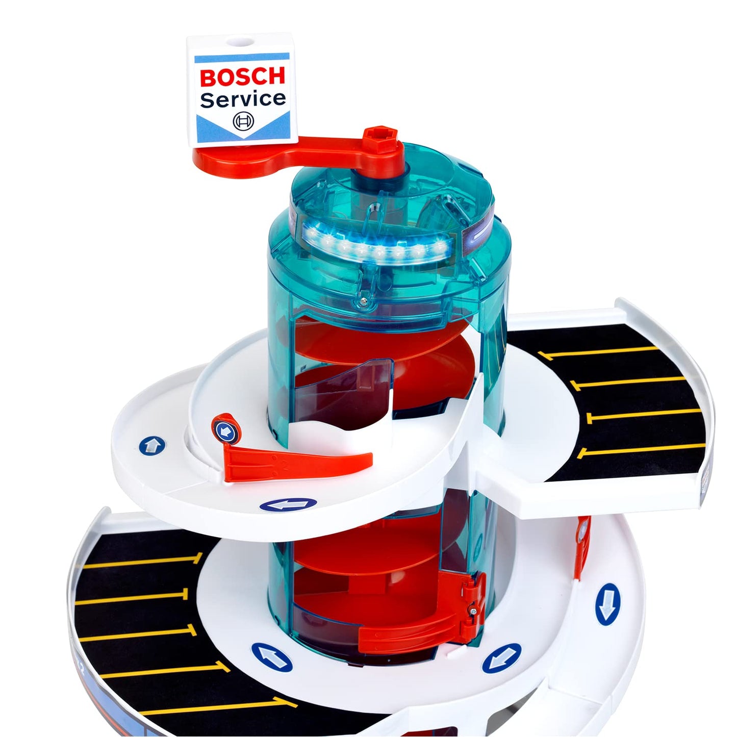 Theo Klein Bosch Car Service Helix Shaped Multi Story Parking Garage Pretend Playset Toy with 2 Toy Cars for Kids Aged 3 and Up