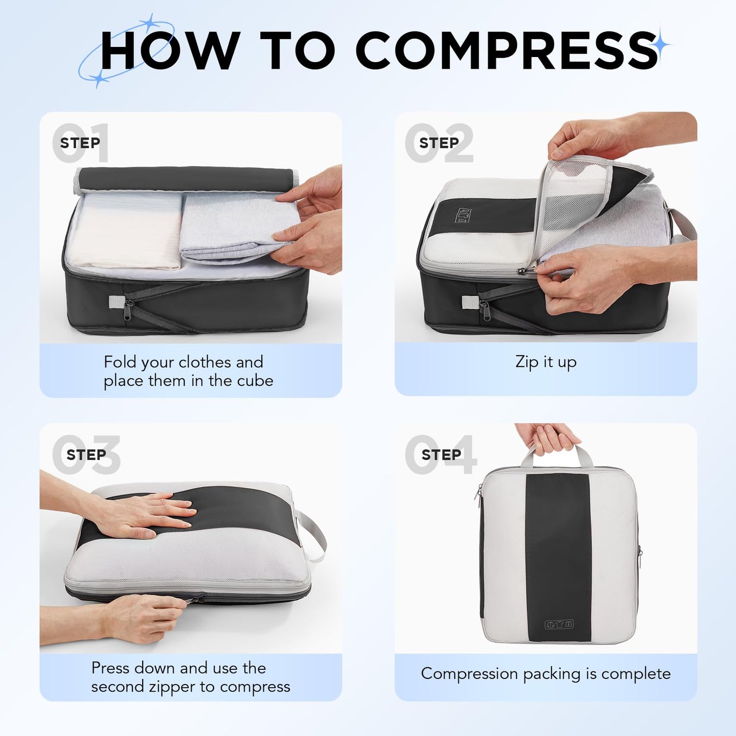 OlarHike 10-Set Compression Packing Cubes – Expandable Travel Luggage Organizers for Suitcase & Clothes – Black