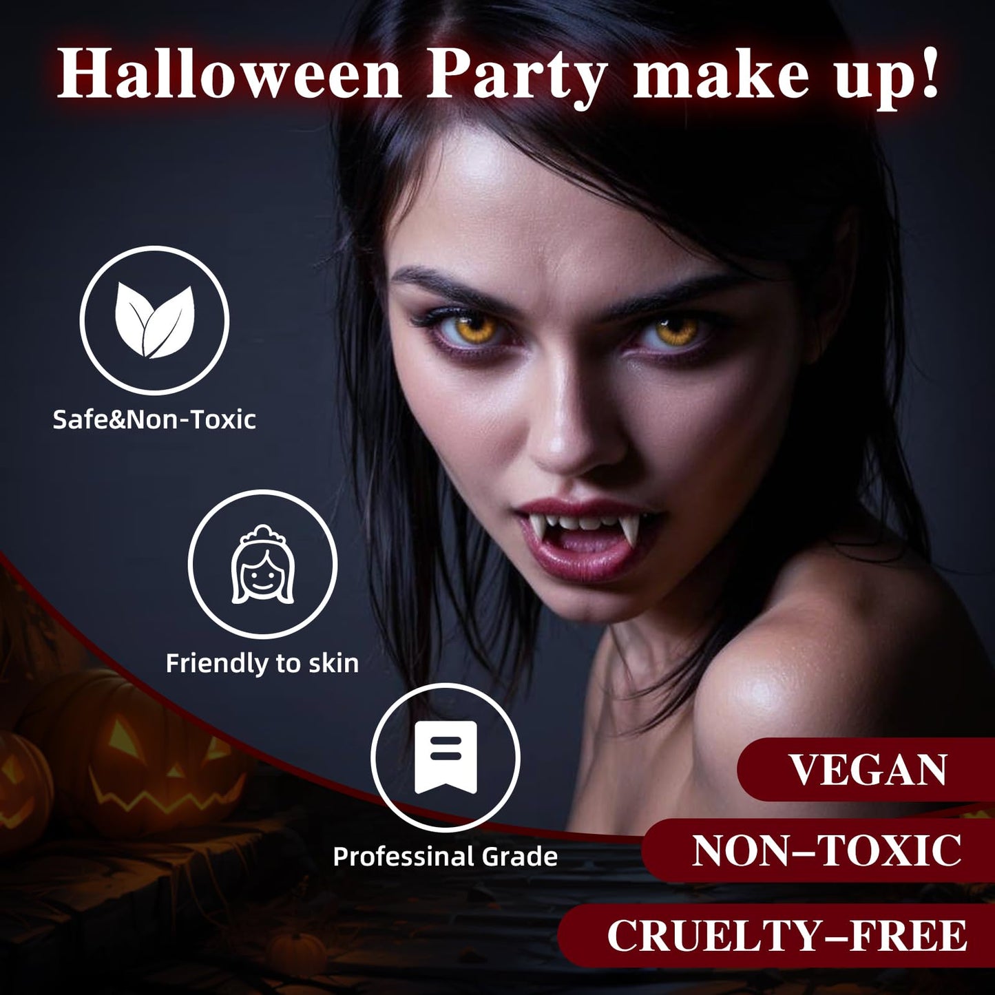 Halloween Vampire Makeup Kit, SFX Makeup Set with White Face & Body Paint, Fake Blood, Face Paint Crayons & Fake Teeth for Vampire, Zombie, Clown