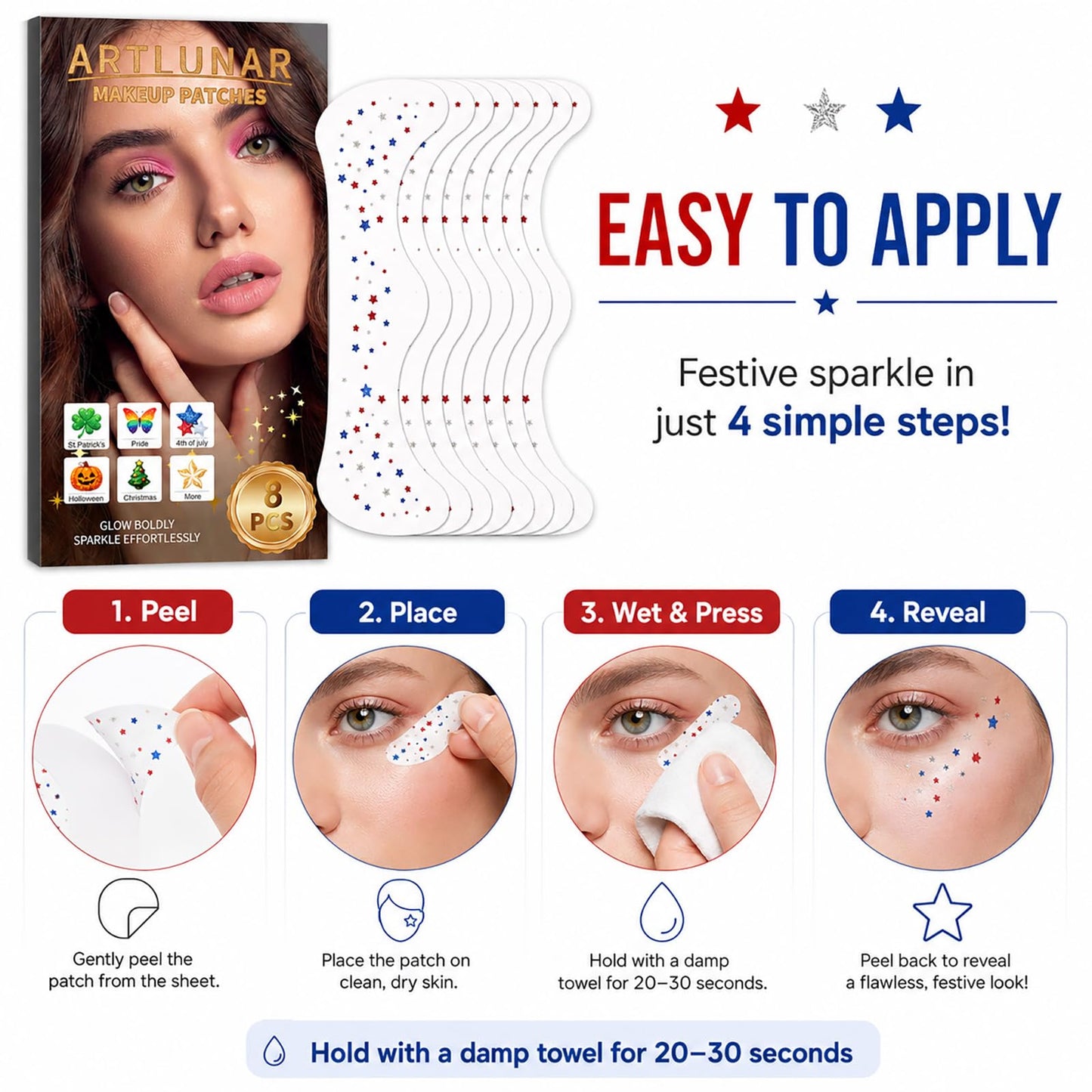 Artlunar 8Pcs 4th of July Face Tattoos, Red White Blue Irregular Mini Star Freckle Stickers for Women & Kids, Patriotic Makeup for Independence Day