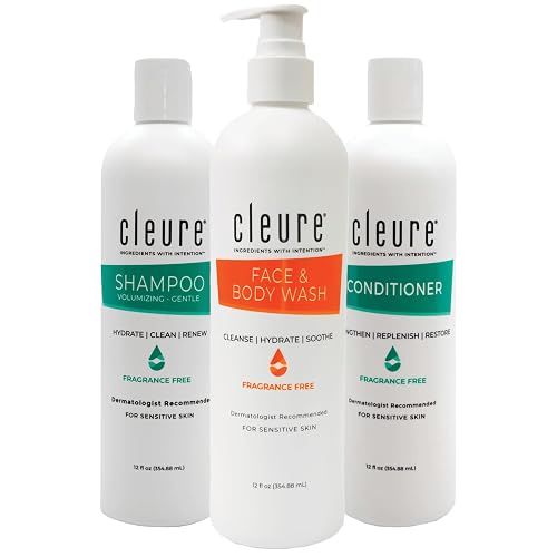 Cleure Fragrance Free Shampoo and Conditioner Set with Body Wash - Hypoallergenic 3 Piece Sulfate Free Hair & Body Care for Sensitive Skin (12 oz