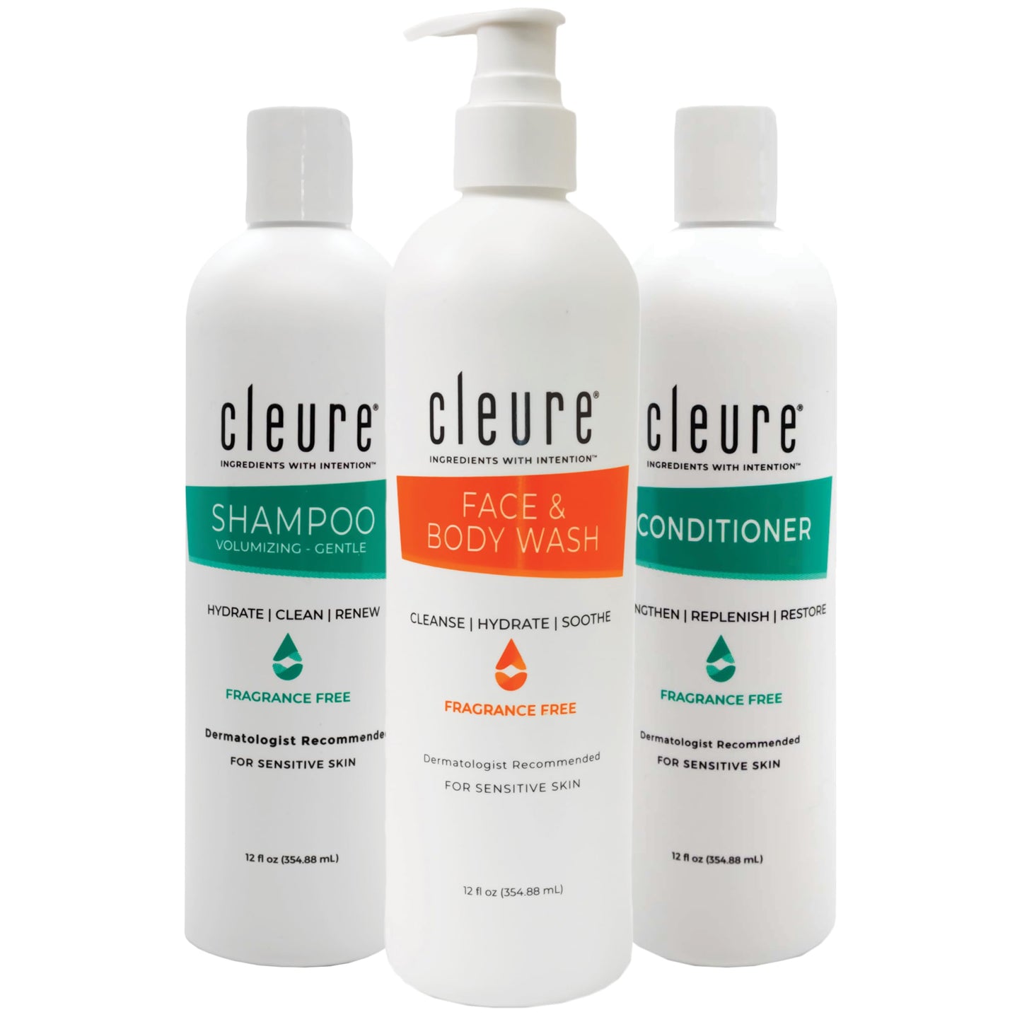 Cleure Fragrance Free Shampoo and Conditioner Set with Body Wash - Hypoallergenic 3 Piece Sulfate Free Hair & Body Care for Sensitive Skin (12 oz