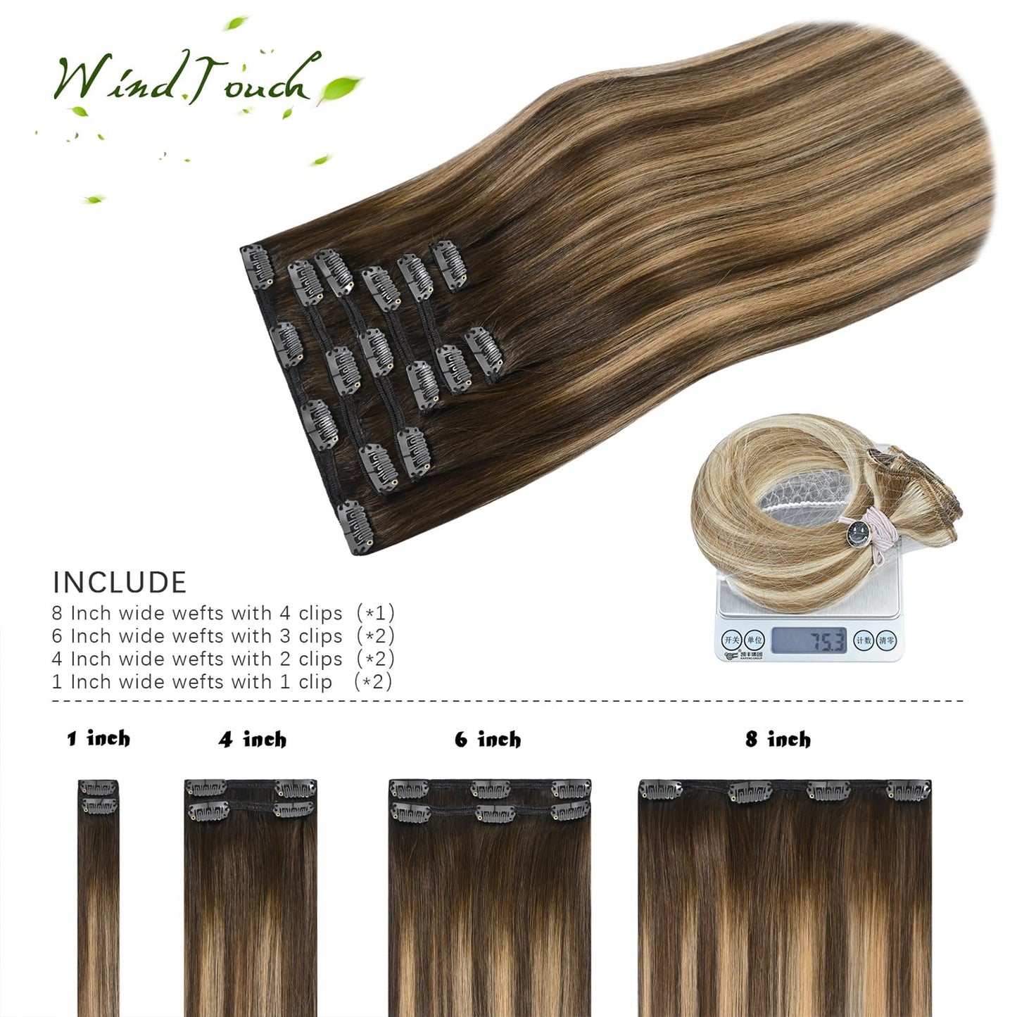 WindTouch Clip in Hair Extensions Real Human Hair Balayage Chocolate Brown To Dark Blonde Ombre Highlights for Brown 75g 22Inch 7PCS #4T27P4