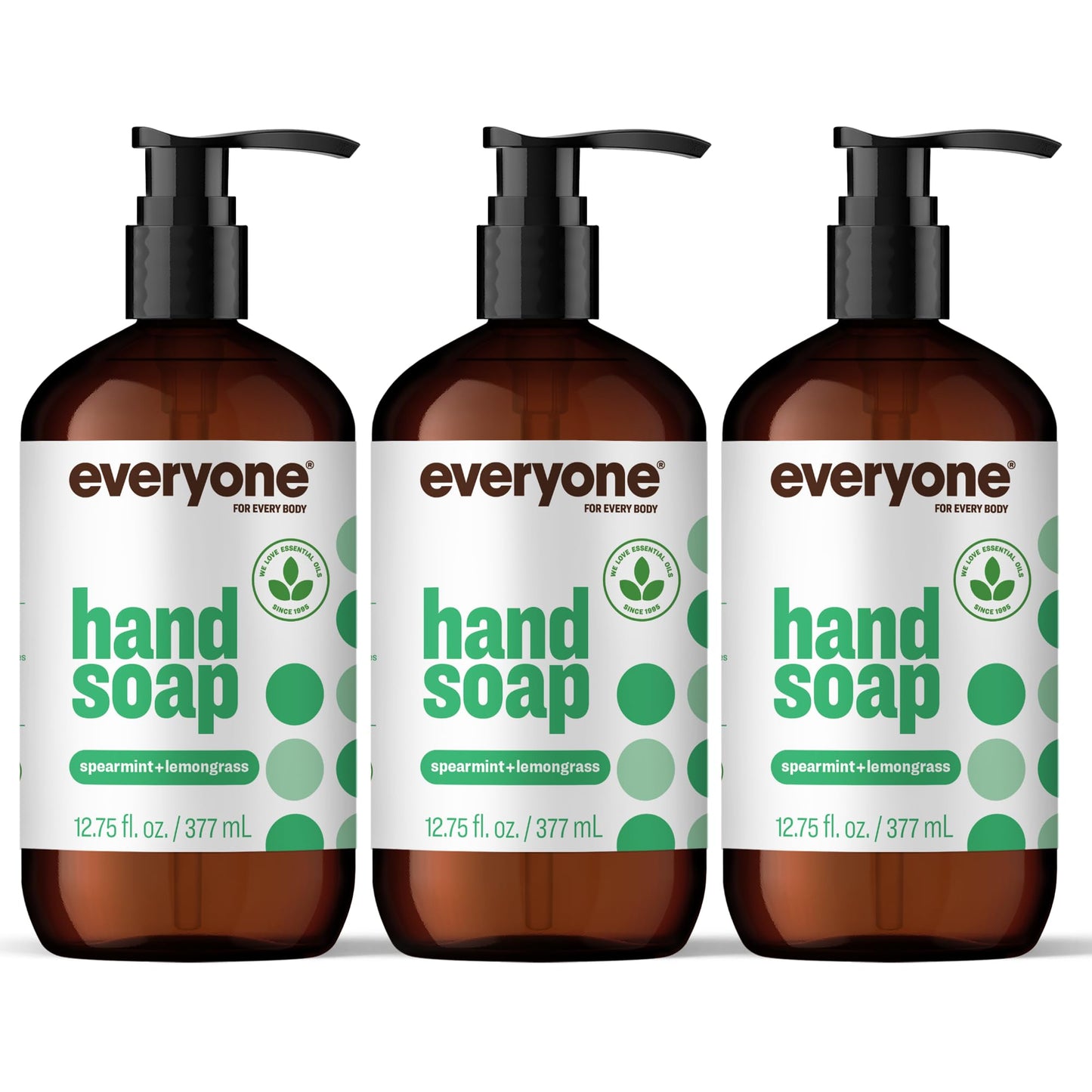 Everyone Liquid Hand Soap, 12.75 Ounce (Pack of 3), Spearmint and Lemongrass, Plant-Based Cleanser with Pure Essential Oils