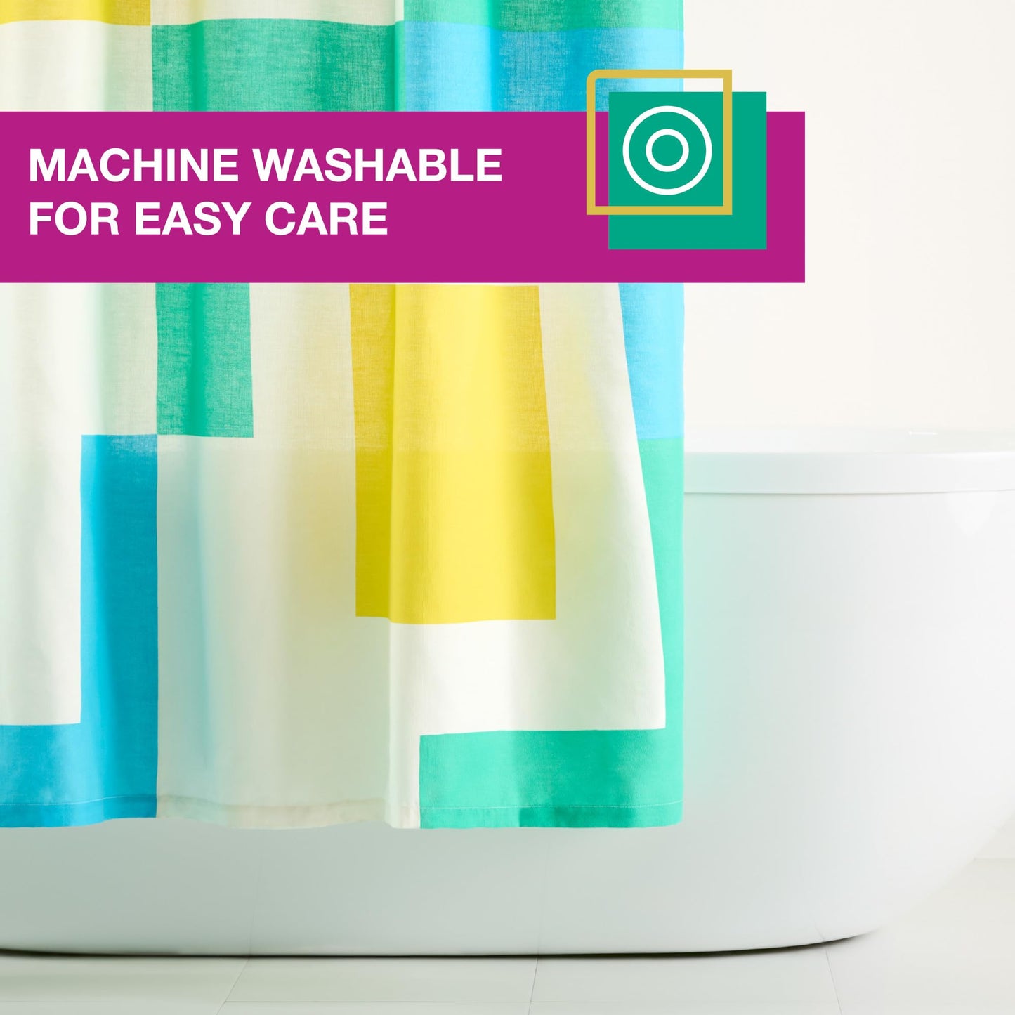 TOWN & COUNTRY PLAY Lucy Mid Century Squares Cotton-Rich Breathable Fabric Shower Curtain with Anti-Rust Grommets, White/Yellow/Green, 70"x72"