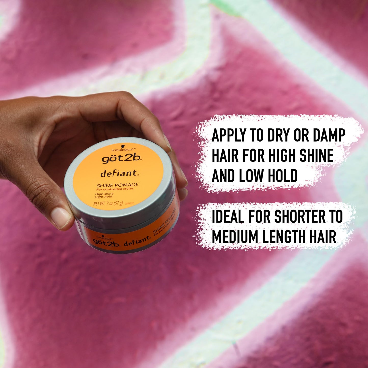 got2b Defiant Shine Pomade, 2 Fl Oz, High Shine Hair Styling Pomade for Men and Women, Creates Texture, Control & Light Hold, Tames Unruly Hair