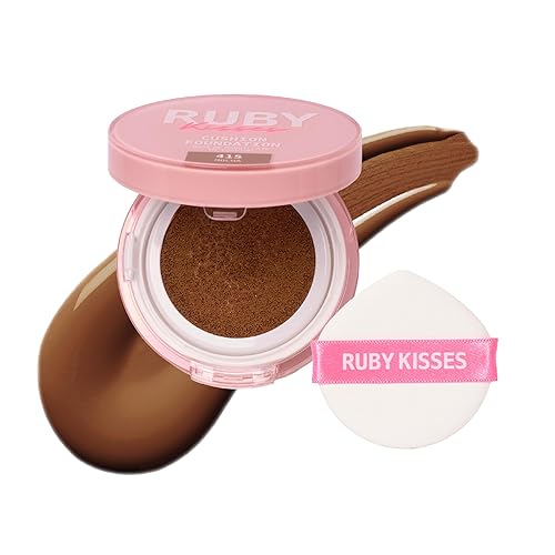 Ruby Kisses Cushion Foundation, Full Coverage Korean Makeup, Lightweight & Long Lasting, All Day Natural Glowy Finish for All Skin Types with Hyaluronic Acid & Bakuchiol (Mocha, 0.52 Ounce)