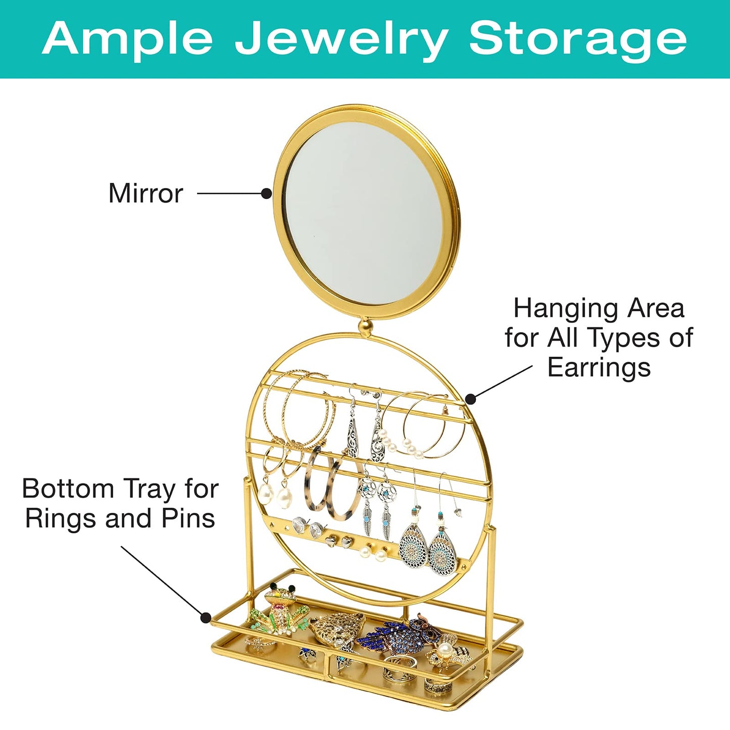 EXCELLO GLOBAL PRODUCTS Free Standing Tabletop Jewelry Organizer with Mirror: Bracelet, Necklace & Earring Storage Display for Bedroom or Vanity…