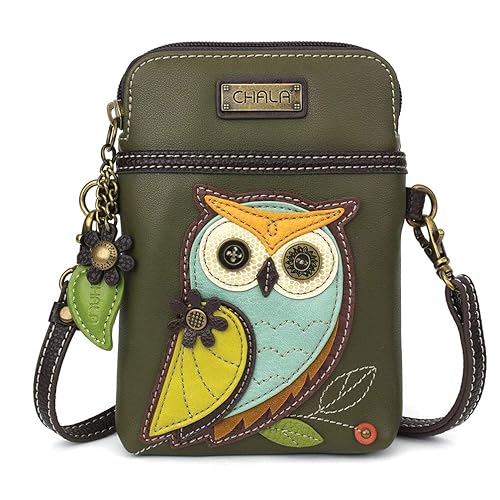 CHALA Bird Collection Cell Phone Crossbody Purse-Women PU Leather/Canvas Multicolor Handbag with Adjustable Strap - Owl A - olive